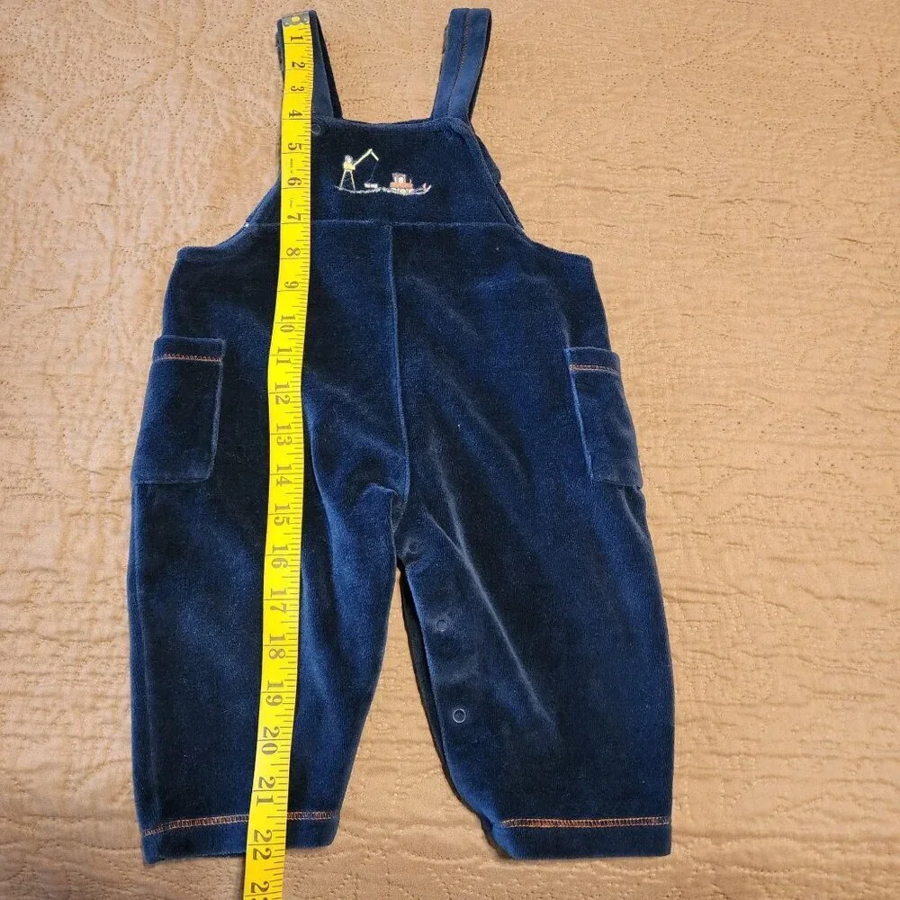 Kissy Kissy baby boy blue velour overalls 12-18 m Construction Vehicles